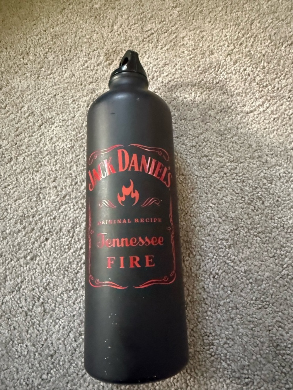Jack Daniels Black Water Bottle with Red Tennessee Fire Logo